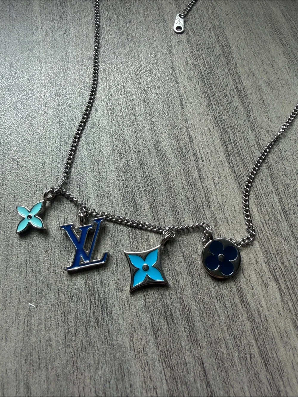 Louis Vuitton Silver Necklace with Blue and Turquoise Charms